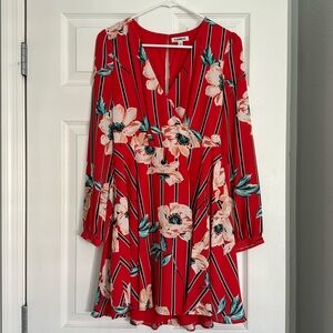 Express Red Floral Mini Dress with Long Sleeves (XS)